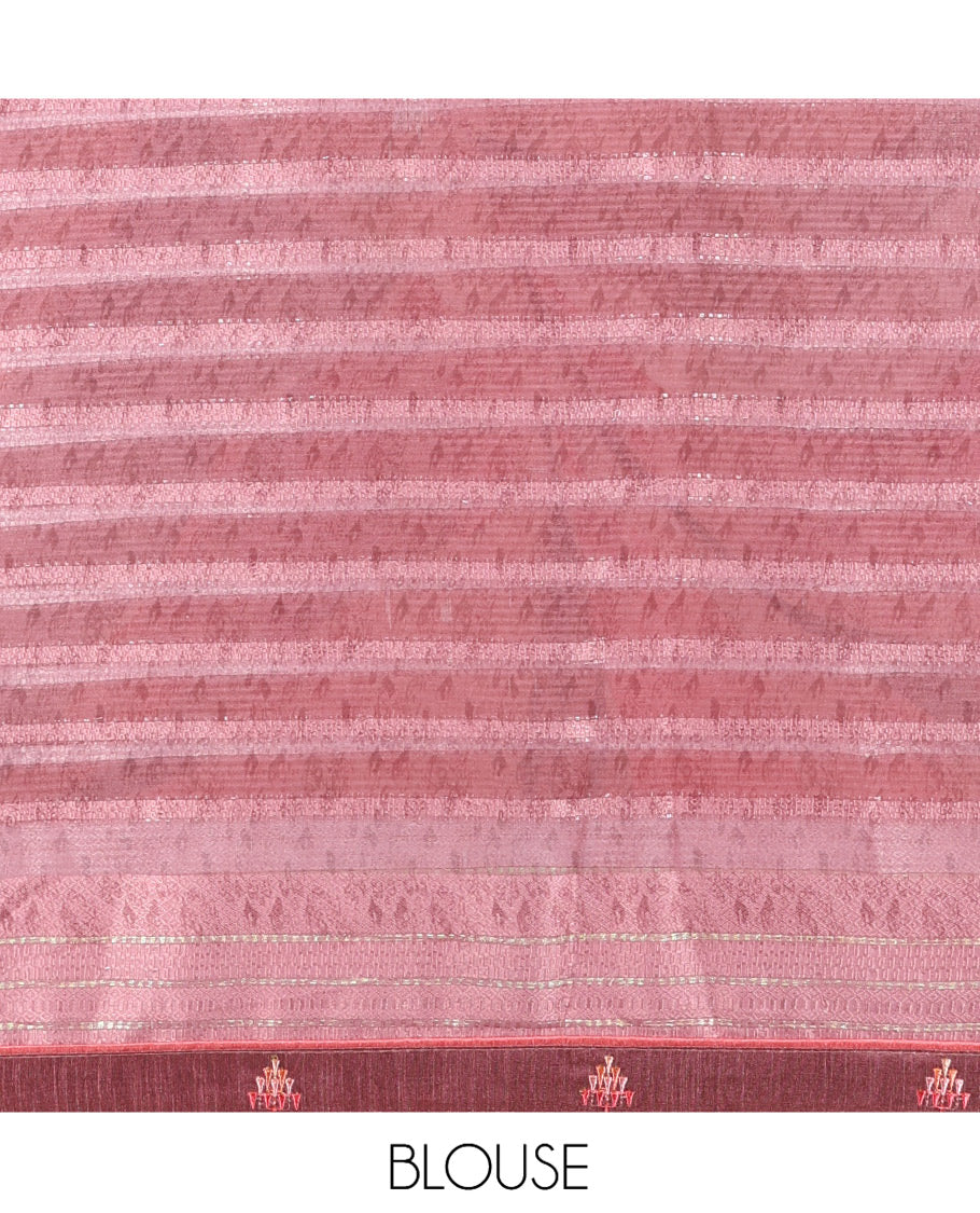 Dusky Pink Chiffon Saree Features Abstract Floral Print, Lace Embroidery Border, and Matching Blouse