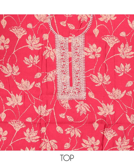 Red chudidhar material set floral thread embroidered with sequins top with plain bottom & sequins embroidered dupatta