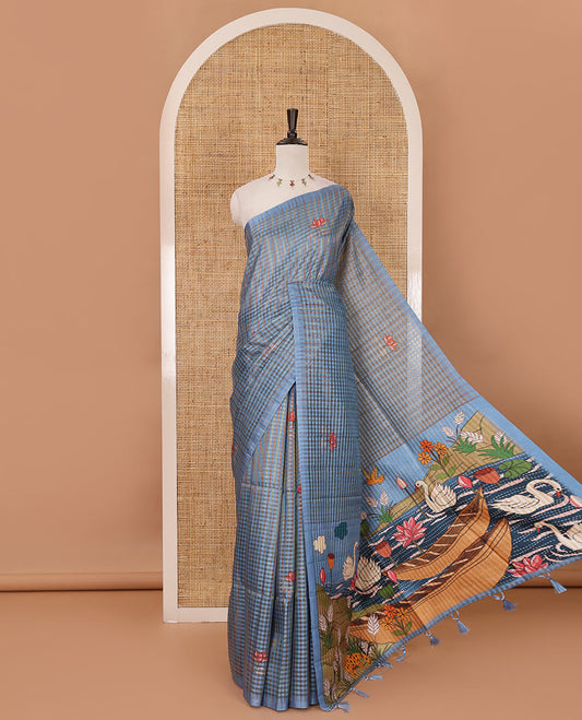 Borderless blue checked & lotus motifs kantha work-style printed fancy tussar saree, painting-style scenery printed pallu & lotus motifs printed blouse