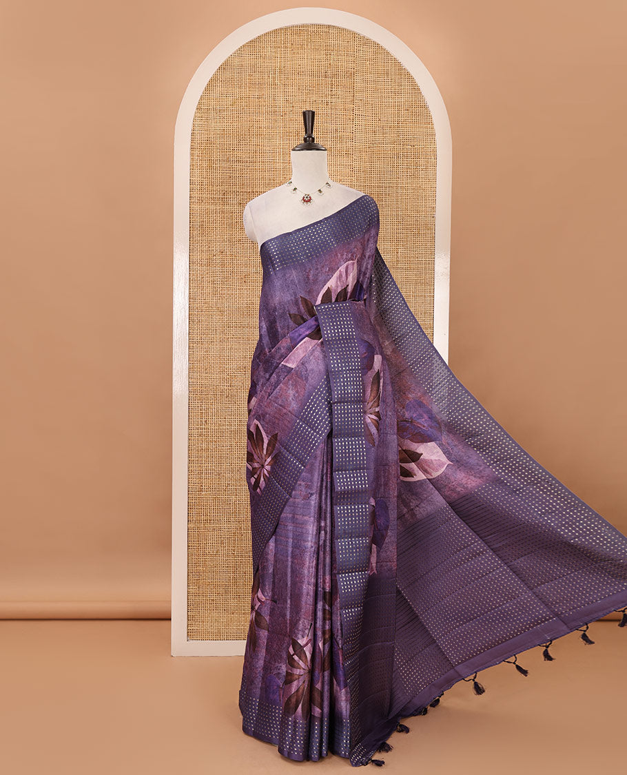 Lavender floral-leaf eco-digital printed fancy tussar saree, zari border, pallu of dobby-style buttas & matching blouse of print & zari work