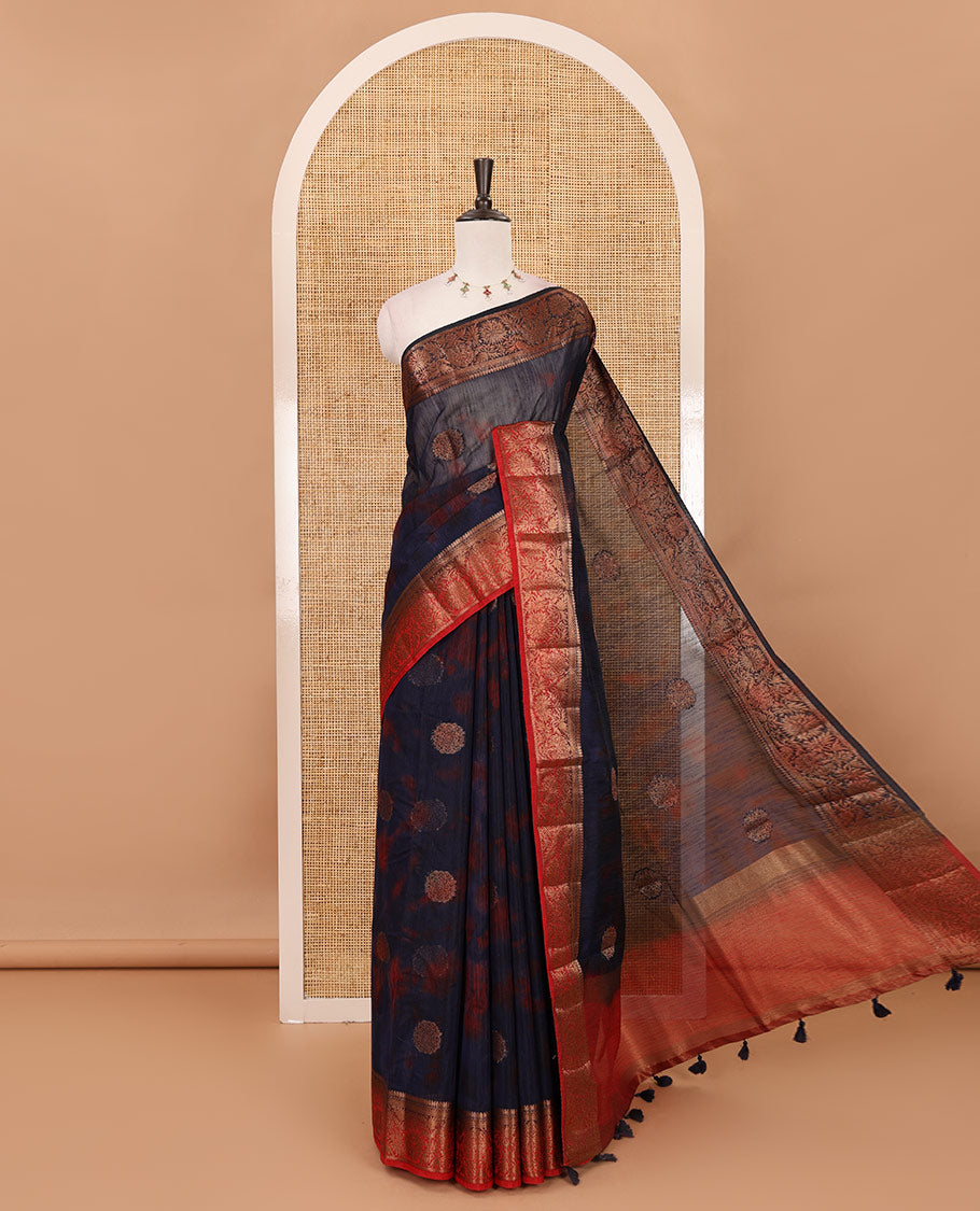 Nevy blue all over zari butta with shibori-style printed jute cotton saree, contrast zari border, zari line weaving pallu & contrast blouse