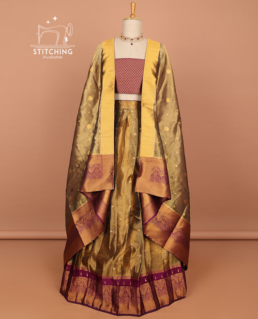 Brown zari buttas art silk half saree with contrast zari maroon border, zari checked design blouse & intricate zari design dhavani