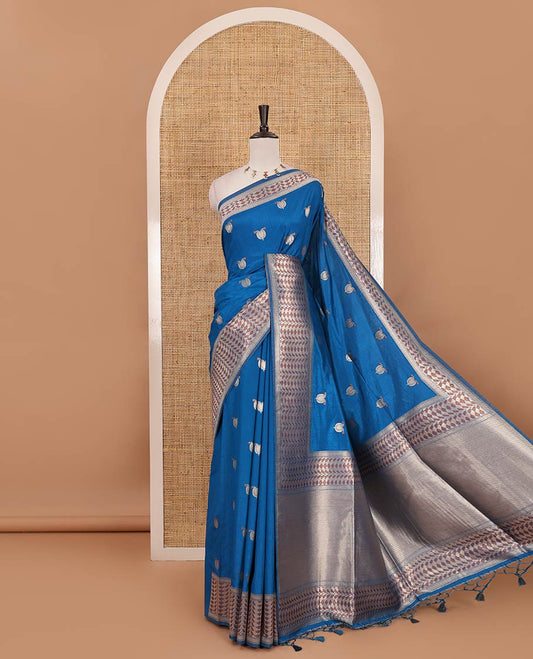 Royal blue leaf zari buttas dola silk saree, geometric patterned zari border, pallu of geometric pattern & diagonal stripes & plain blouse