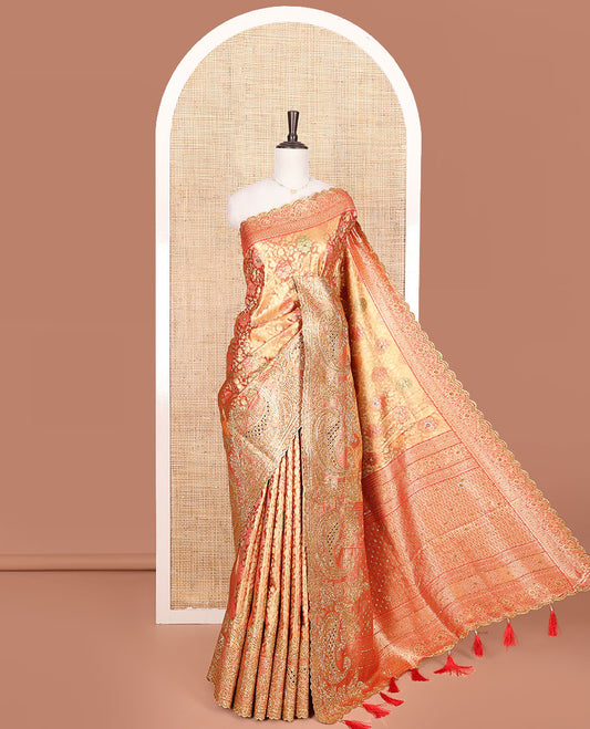 Gold Vastrakala Silk Saree, Enlivened with Floral Jacquard and Embroidery Work, Complemented by Contrast Traditional Zari and Cut Embroidered Scallop Border, Gleaming Grand Zari-Stone Work Pallu, and Paired with Contrast Heavy Stone Embroidered Blouse
