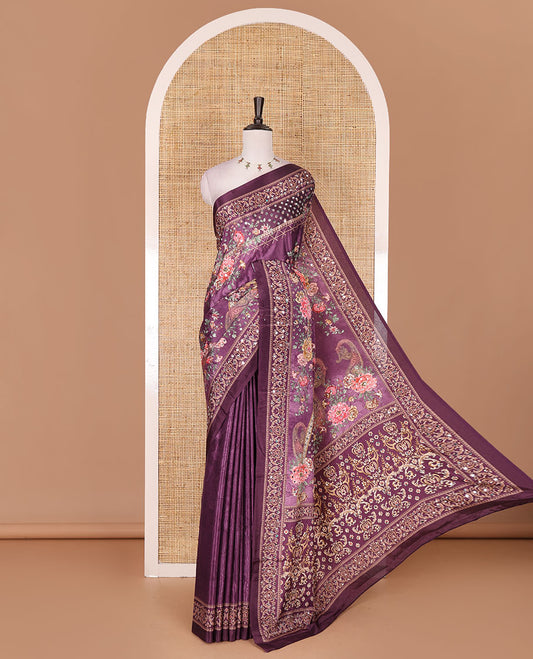 Wine kaleidoscopic colored intricate printed with mirrorwork masakali saree, printed border, print with mirror work pallu, and a matching blouse