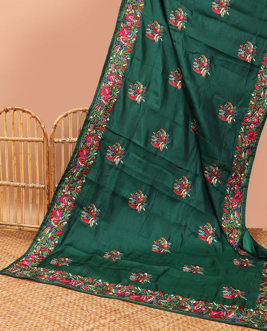 Dark green all-over floral motifs thread embroidery tussar silk saree with self floral embroidery border