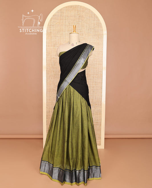 Green half saree with self zari design border, zari design blouse & plain, intricate zari design border dhavani