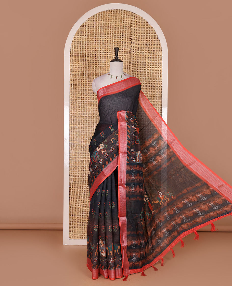 Black floral and human figurines printed linen cotton saree, contrast plain bavanji border, printed pallu, and contrast plain blouse