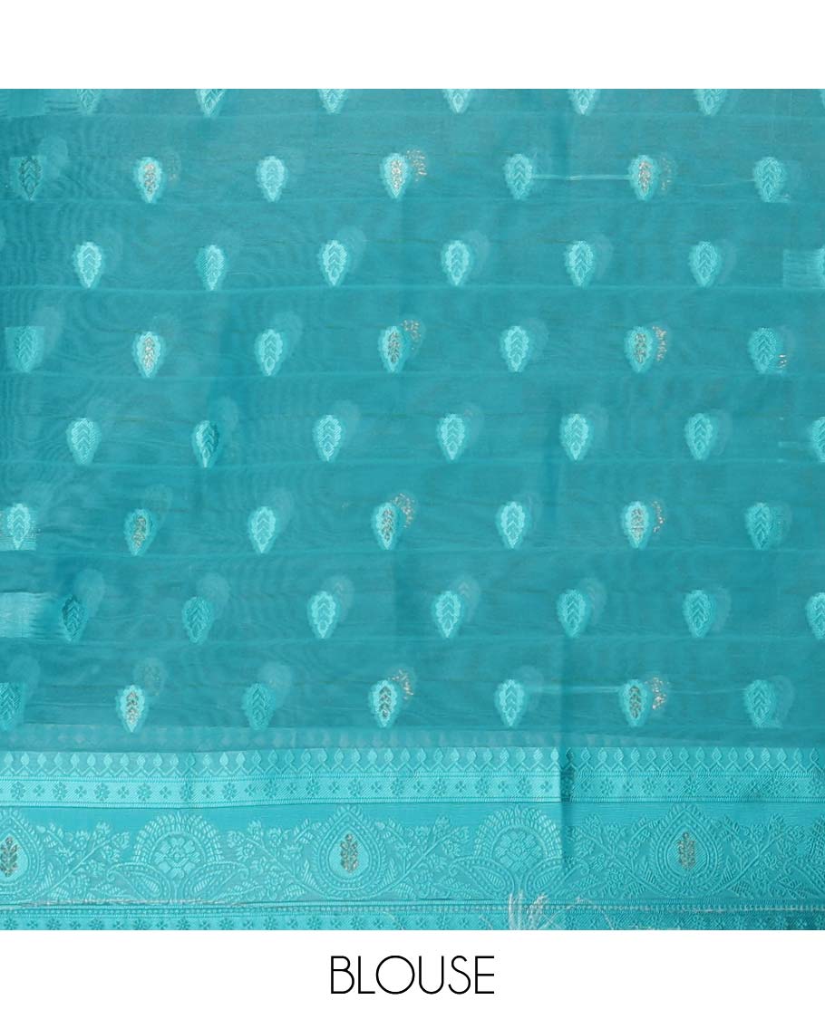 Cream with rama color thread weaving, zari butta banaras brasso saree with contrast thread border & thread weaving pallu along with butta design blouse