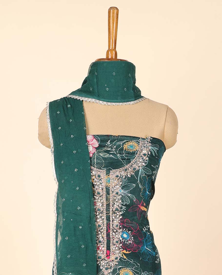 Green material chudidhar set, floral print & embroidered top, plain bottom & embroidered dupatta