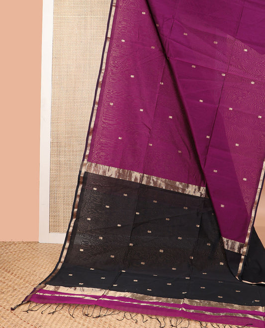 Purple motifs maheswari cotton saree with contrast zari border & floral design pallu