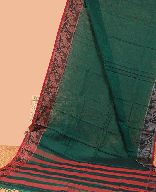 Green plain Narayanapet cotton saree, contrast floral design ganga jamuna border & striped pallu