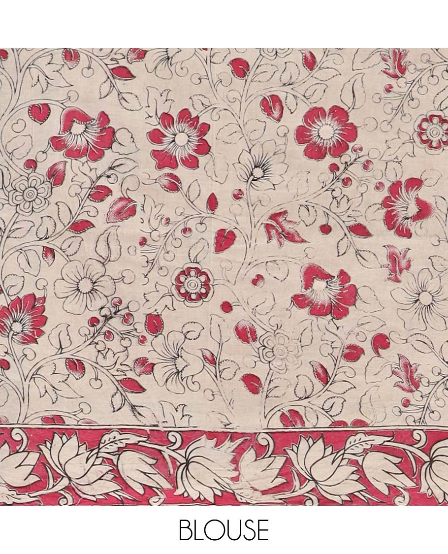 Cream floral vine design machine printed kalamkari cotton saree , contrast floral border & pallu of peacock design