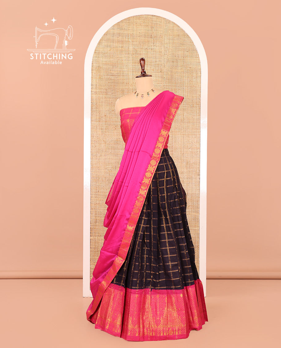 Navy Blue-Rani Pink Sungudi Cotton Half-Saree Features Checked Skirt, Contrast Gopuram Border, Contrast Blouse, and Zari-Bordered Syska Georgette Dhavani