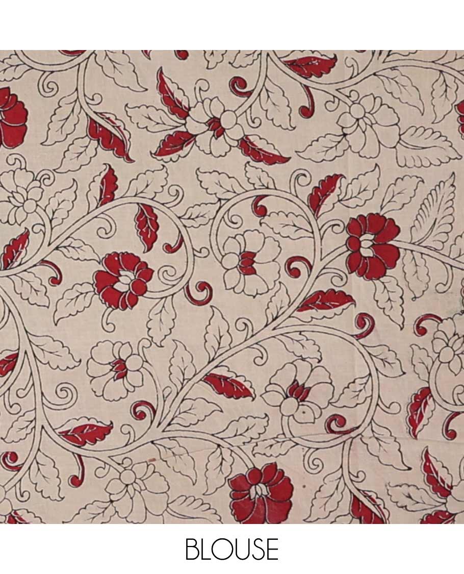 Green floral vine machine printed kalamkari cotton saree with contrast design border& peacock design pallu