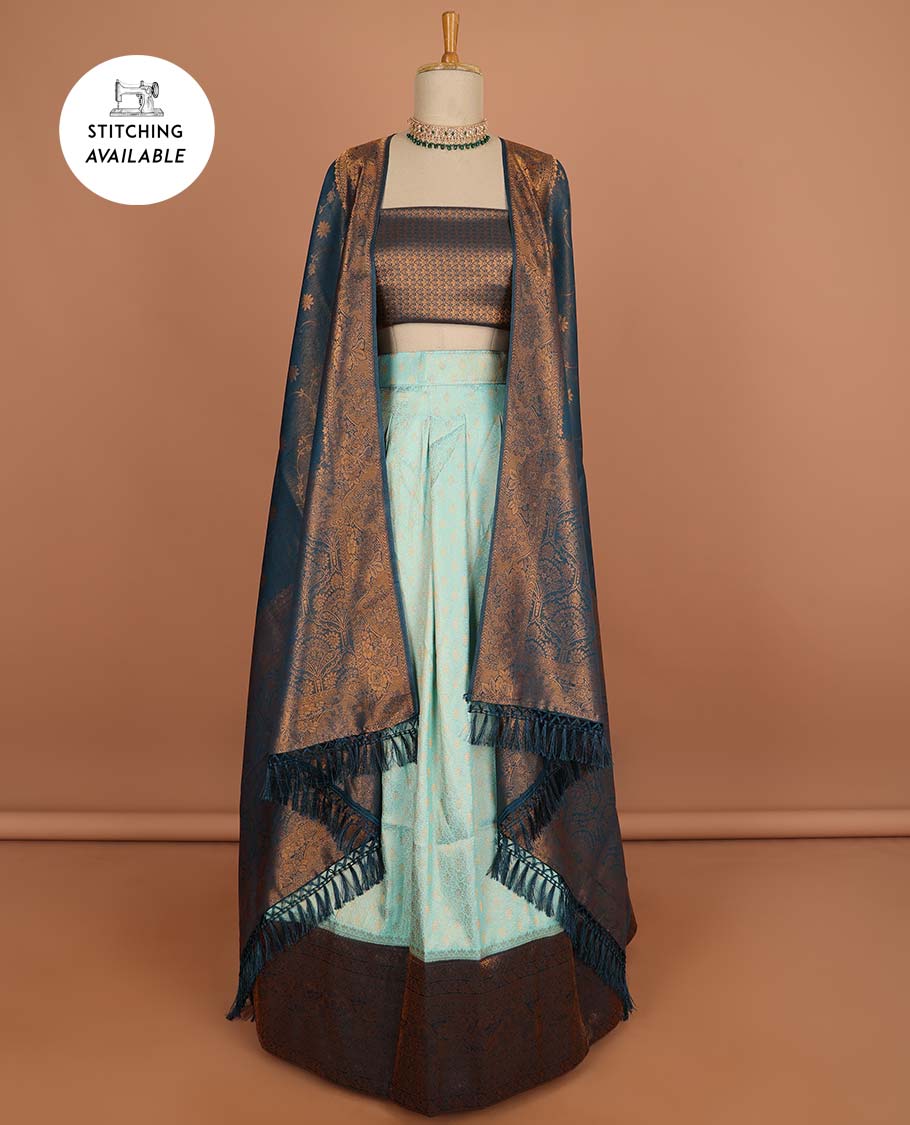 Blue buttas half sare with contrast zari border, zari design blouse & floral design dhavani