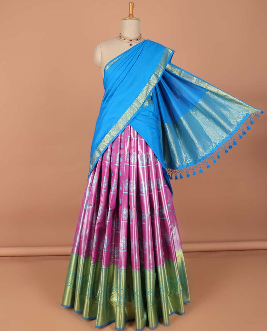Pink checked with floral art-silk half saree, contrast traditional zari border,zari design blouse & argyle design dhavani