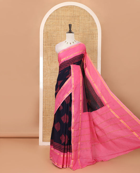 Navy blue kolam motifs printed Sungudi cotton saree, contrast rettai pettu rudraksham motif border, striped pallu & contrast zari checked blouse