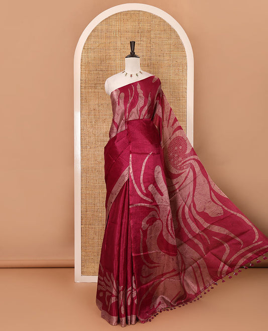 Borderless red batik-style abstract vines printed khadi cotton saree, matching plain blouse