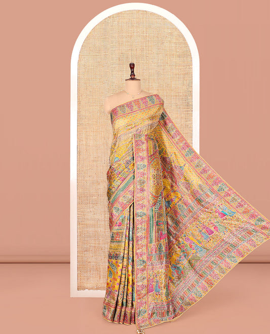 Yellow Dola Silk Saree, Beautifully Bedecked with Colorful Intricate Mughal-Style Design on Its Body, Complemented by Contrast Mughal-Style Border, Pallu of Mughal-Style Design, and Paired with a Matching Blouse