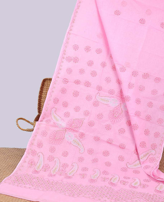 Pink floral embroidery lucknowi chikankari cotton saree,self scallop design border & pallu of floral, paisley embroidery