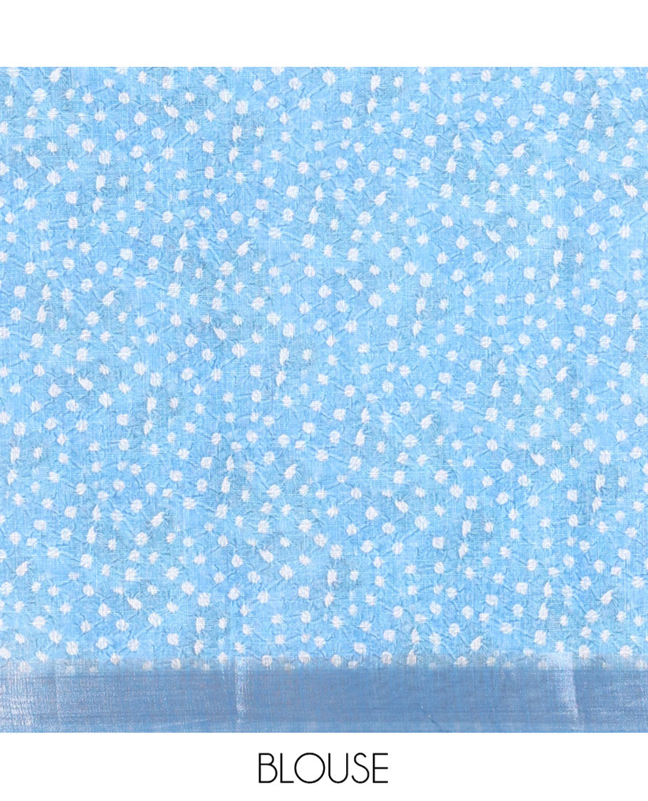 Blue Plain Linen Cotton Saree, Highlighted by a Colorful Bandhani Printed Zari Border, Pallu of Bandhani Print, and Paired with a Matching Bandhani Printed Blouse