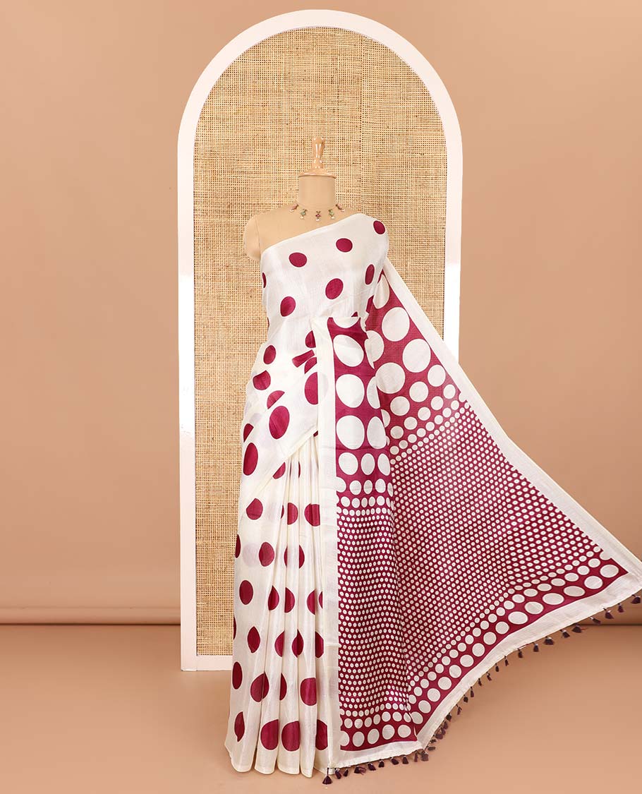 Borderless cream and purple polka dots printed art khadi cotton saree, pallu steeped with polka dots, and a contrast tiny polka dots printed blouse