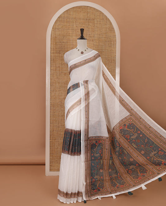 White half-plain & half-printed body linen cotton saree, geometric-patterned border, intricately printed brown pallu & ogee patterns printed blouse