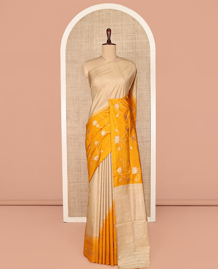Borderless Sandal and Yellow Dupion Silk Saree, Charmingly Accented with Half-And-Half-Style and Pichwai Lotus Vine, a Contrast Zari Striped Pallu, and a Contrast Blouse
