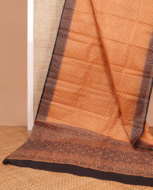 Brown paisley design printed silk saree with contrast floral design border & floral design pallu