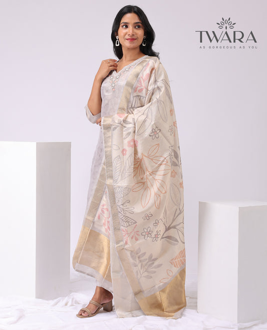 Twara cream floral embroidered v neck , 3/4 th sleeve , below knee lenght kurti with straign pants & floral design dupatta
