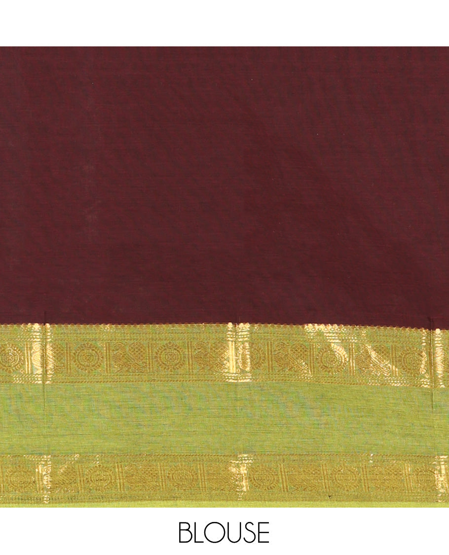 Coffee Brown Plain Chettinad Cotton Saree, a Contrast Rettai Pettu Peacock-Chakra Border, Striped Pallu, a Matching Blouse