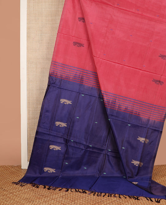Borderless Red Banana Pith Saree, Woven with Thread Buttas All Over Its Body, Complemented by a Contrast Pallu Depicting Buttas, and Paired with a Contrast Blouse