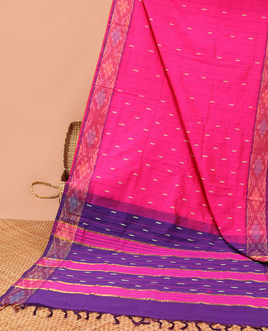 Pink checked & buttas kuppadam cotton saree, contrast striped border & pallu of stripes & buttas