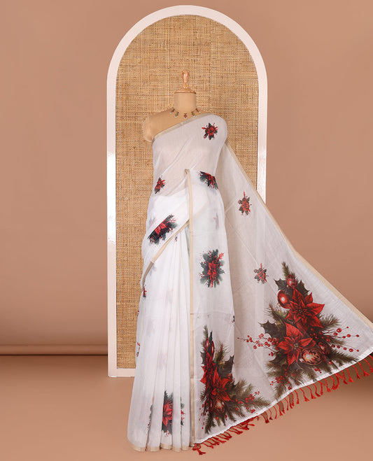 White Christmas poinsettia wreath motifs digital printed Chanderi cotton saree, piping zari border, wreath printed pallu, and a matching wreath printed blouse