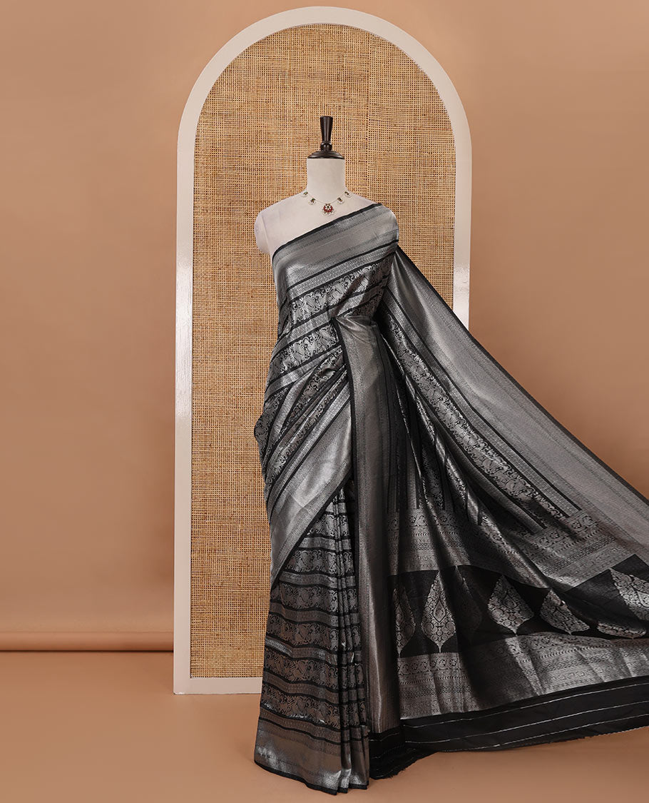 Black mayil & yaali zari jacquard softy saree, traditional zari border, intricate pallu & matching zari design blouse