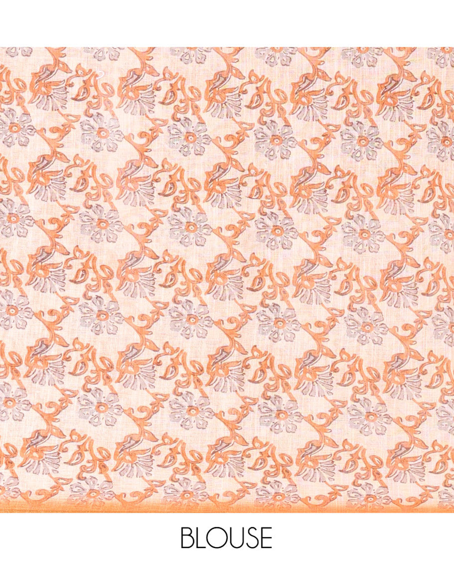 Orange Linen Cotton Saree, Enthralled with Shibori Printed on Its Body, Subtle Piping Border, Pallu of Floral Vine Print, and Paired with a Contrast Floral Vine Printed Blouse