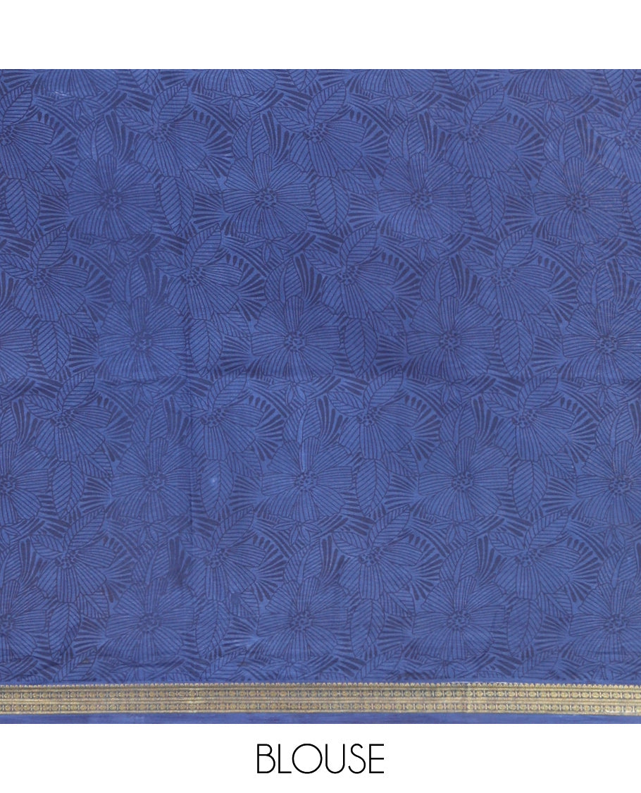 Blue Printed Silk Saree, Adorned with a Village-Themed Print, a Contrast Traditional Zari Border, Striped Pallu, and a Contrast Blouse
