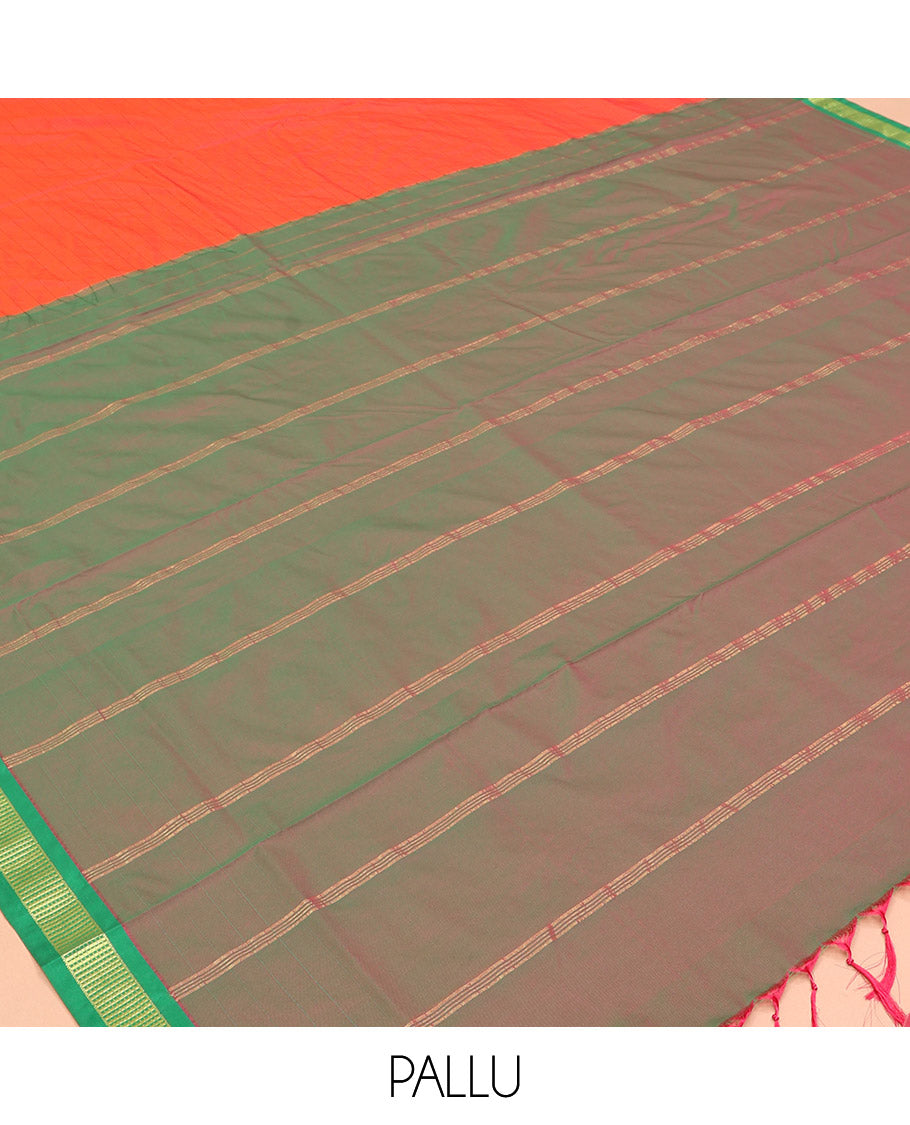 Red Checked Ten Yard Saree, Complemented by a Contrast Zari Border, Contrast Pallu of Stripes, and No Blouse
