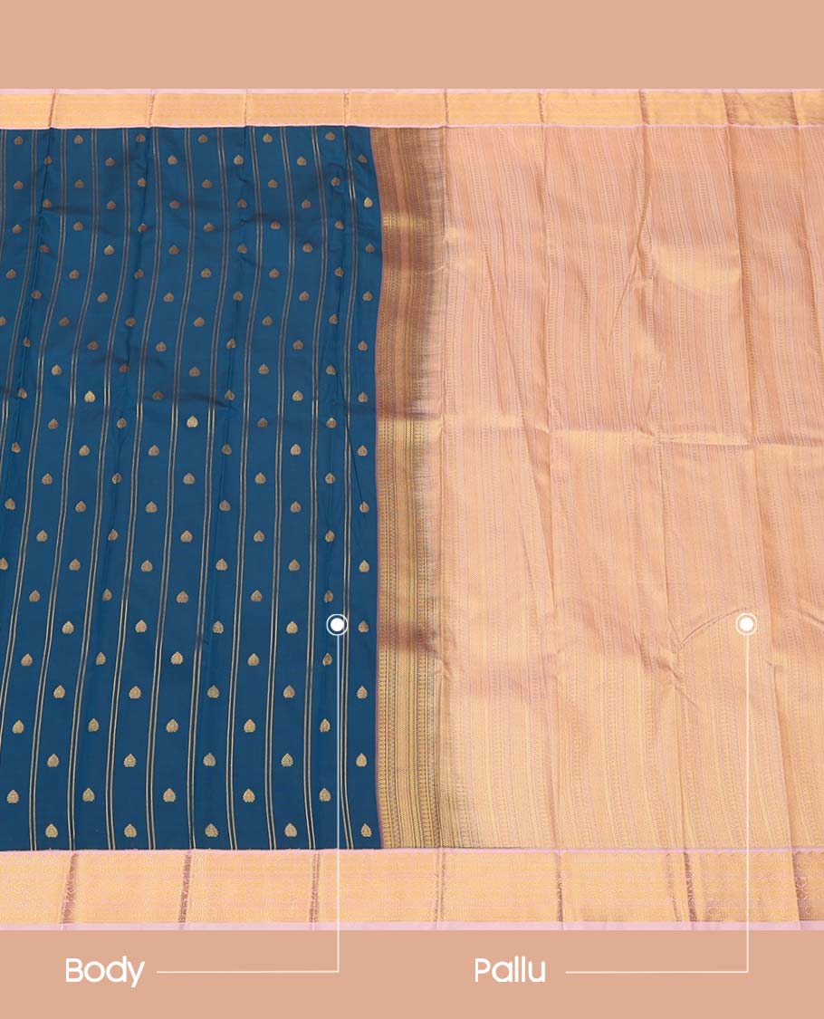 Blue Budget Silk Saree, Boldly Accentuated with Zari Buttas and Stripes All Over Its Body, Complemented by a Contrast Traditional Zari Design Border, Grand Geometric-Patterned Pallu, and Paired with a Contrast Blouse