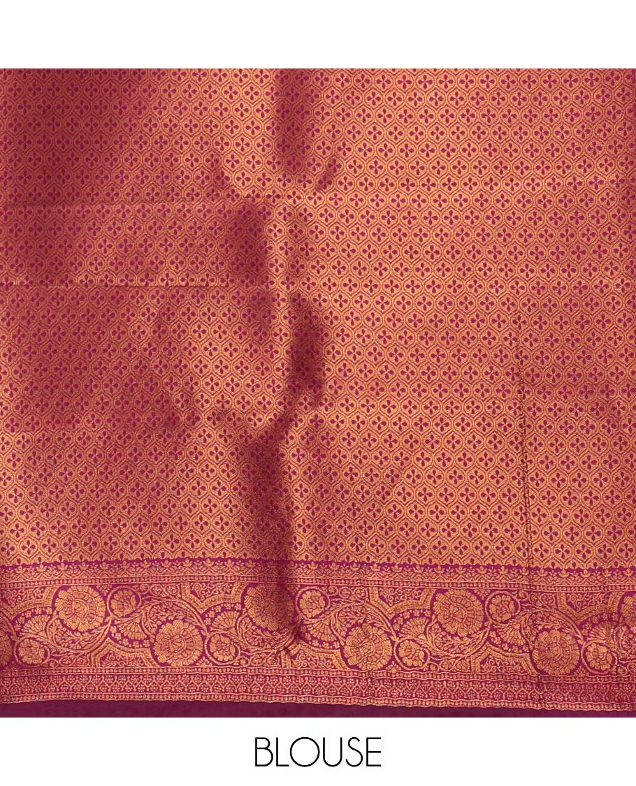 Borderless grey-purple zari buttas & half-&-half vanasingari-style flora-fauna woven kanchi silksaree,self-pallu & blue blouse of zari brocade