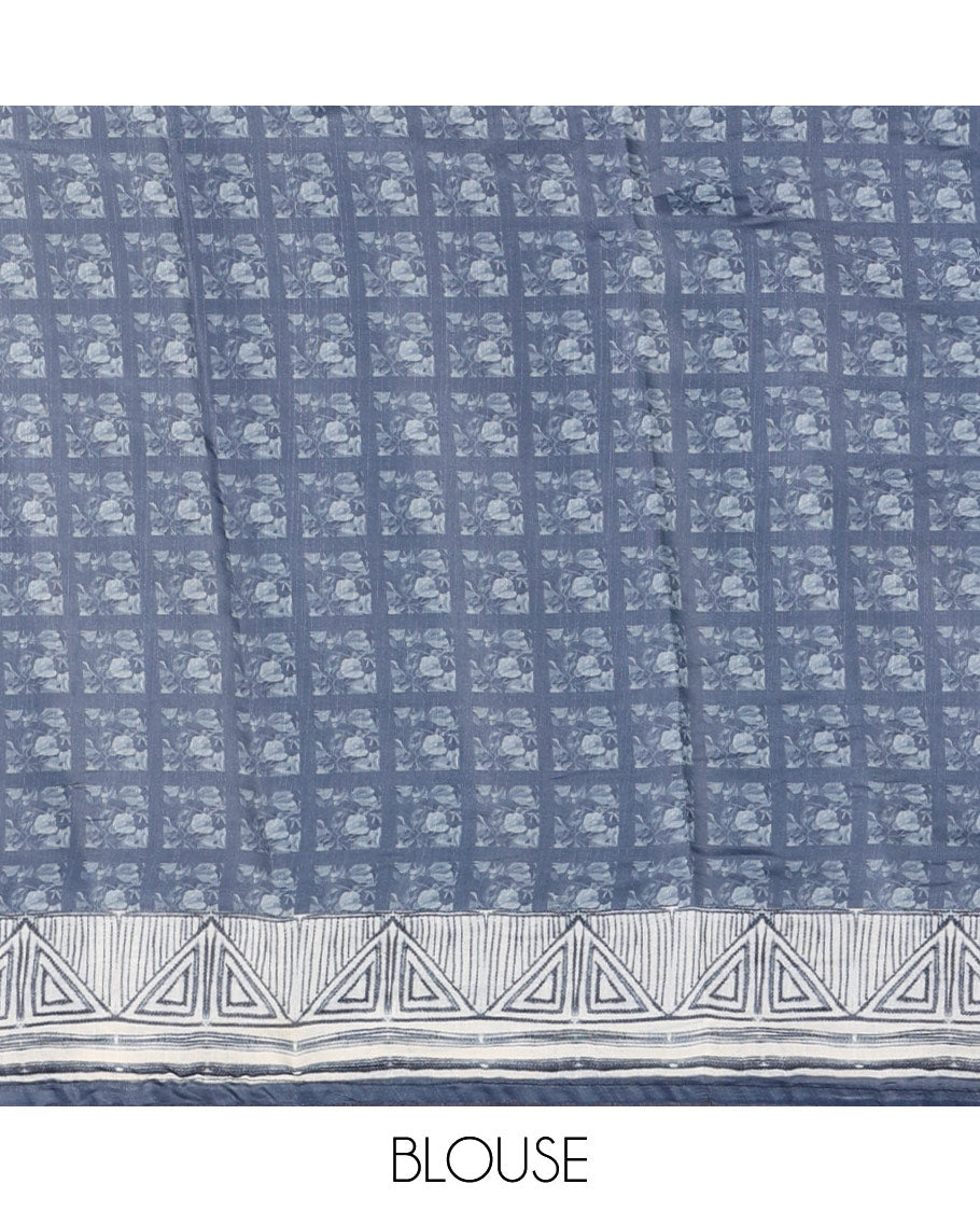 Navy floral print & multi-color floral thread embroidered fancy tussar silk saree, triangle motif print & embroidered border & matching blouse of print & embroidery
