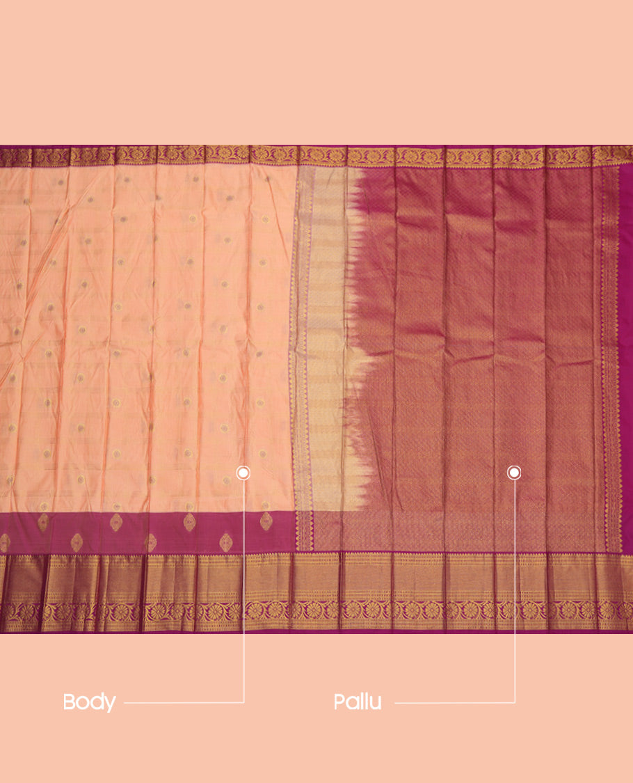 Sandal Budget Silk Saree, Elevated with Zari Buttas Enclosed Checks, a Contrast Traditional Zari Border, Grand Pallu, and a Contrast Blouse