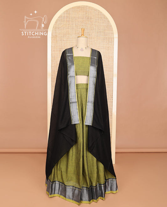 Green half saree with self zari design border, zari design blouse & plain, intricate zari design border dhavani