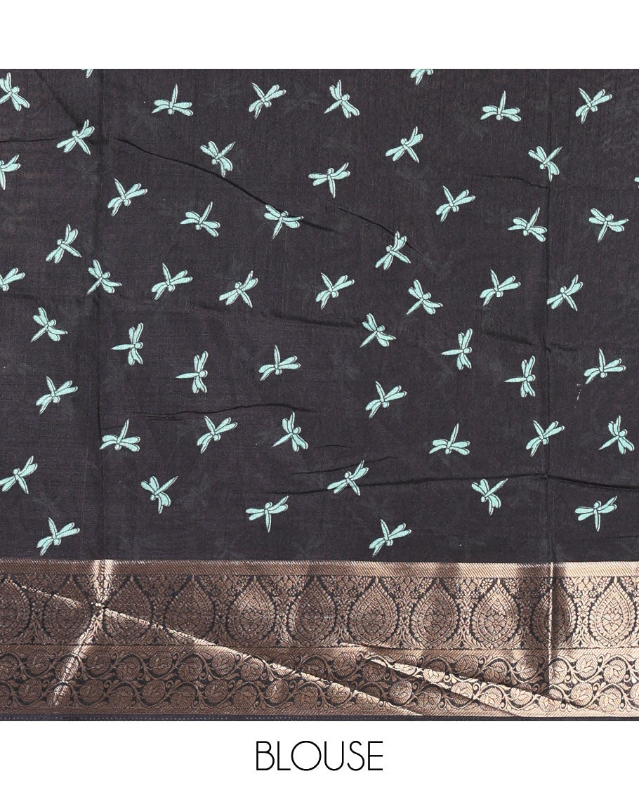 Black-Rama green dargon fly and cranes motifs printed dola silk saree, contrast gold zari border, Mughal floral printed pallu, and dragon fly printed blouse