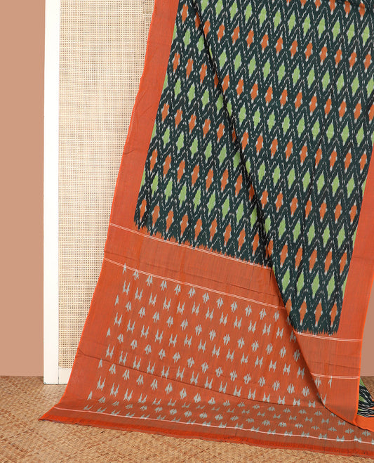 Multi-Color Ikkat Cotton Saree, Mesmerized with Ikkat-Style Jaal Patterns Woven All Over Its Body, Complemented by a Contrast Border, Pallu of Buttas in Ikkat Weave, and No Blouse
