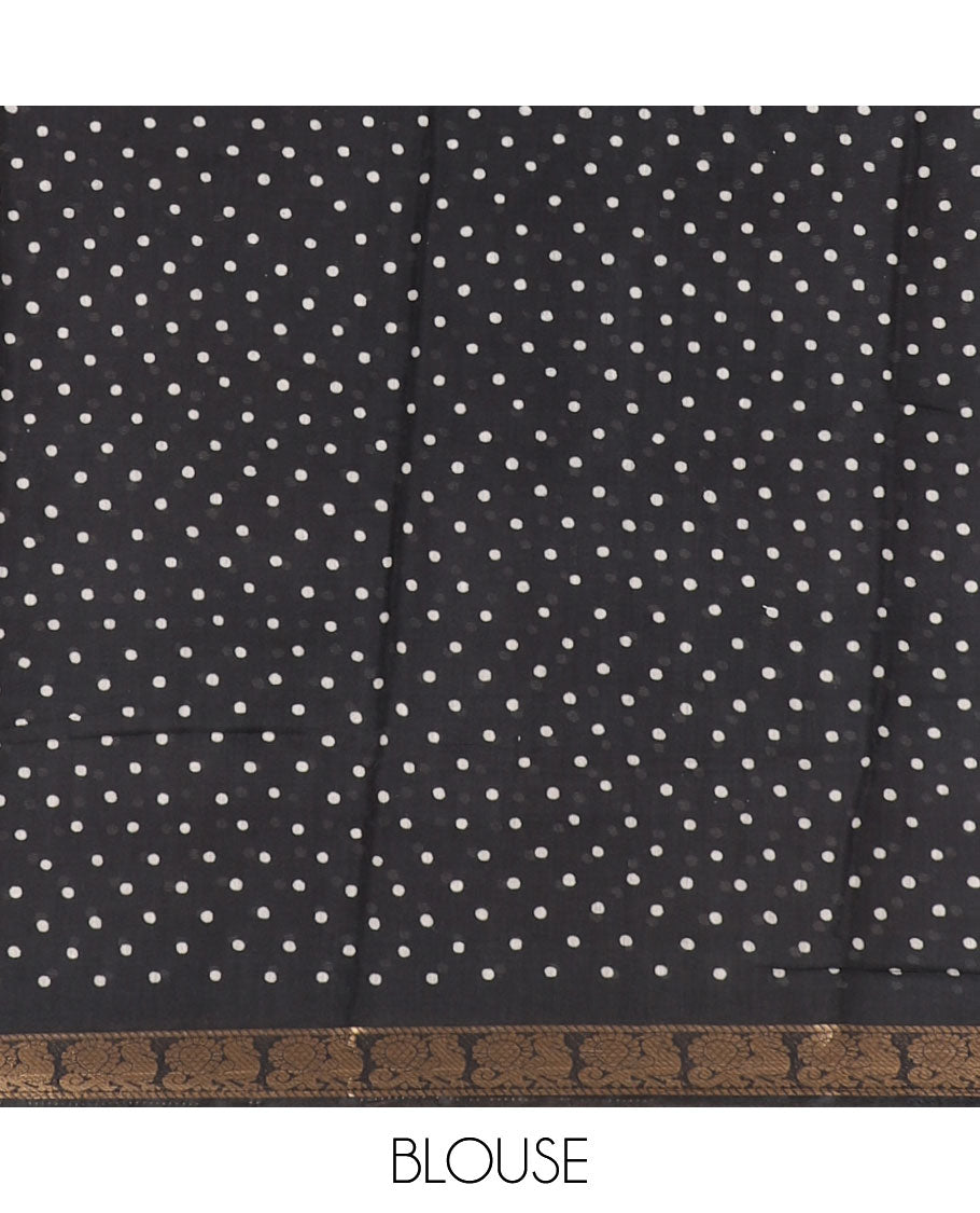 Red shibori printed muslin cotton saree, contrast peacock zari border, village scenery printed pallu, and a contrast polka dotted zari border blouse