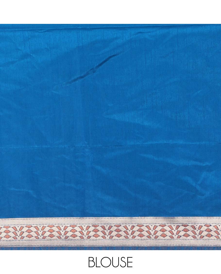 Royal blue leaf zari buttas dola silk saree, geometric patterned zari border, pallu of geometric pattern & diagonal stripes & plain blouse