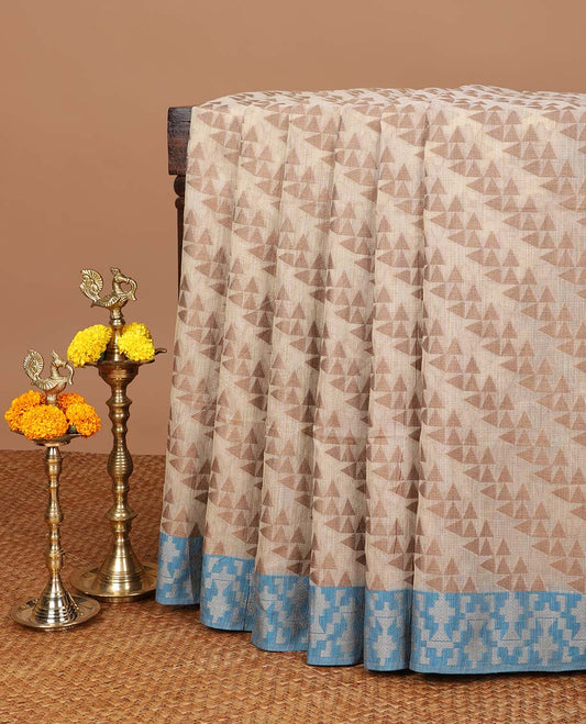 Chikku color with blue cross fancy design banaras soft kotta saree with thread woven border & chit pallu along with running blouse