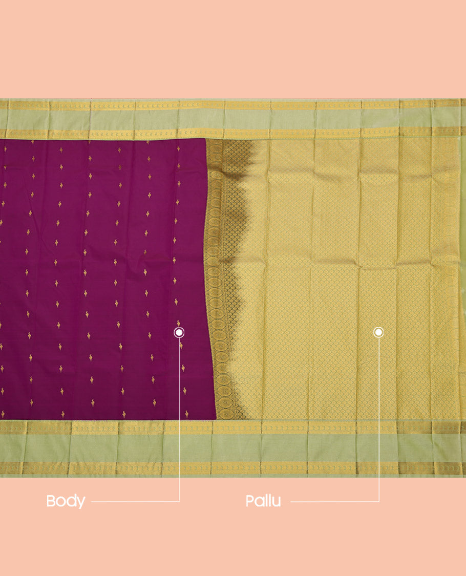 Purple Budget Silk Saree, Graced with Zari Buttas, Complemented by Contrast Traditional Rettai Pettu Border, Grand Pallu and a Contrast Blouse